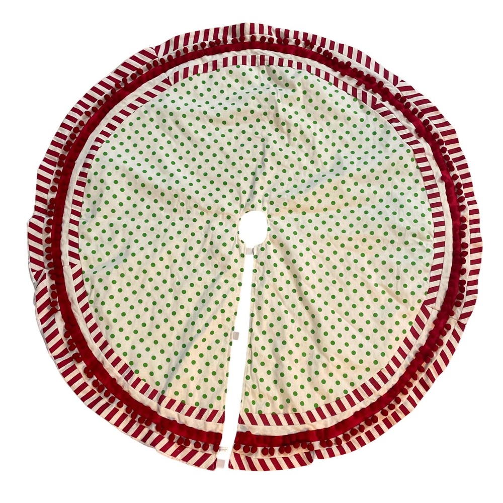 Christmas Tree Skirt 46in Red Green Polka Dot Candy Cane Stripe Pom Pom Holiday